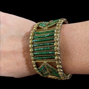 Metal Decorated Spring Closure Cuff Bracelet with Gold and Green Beads